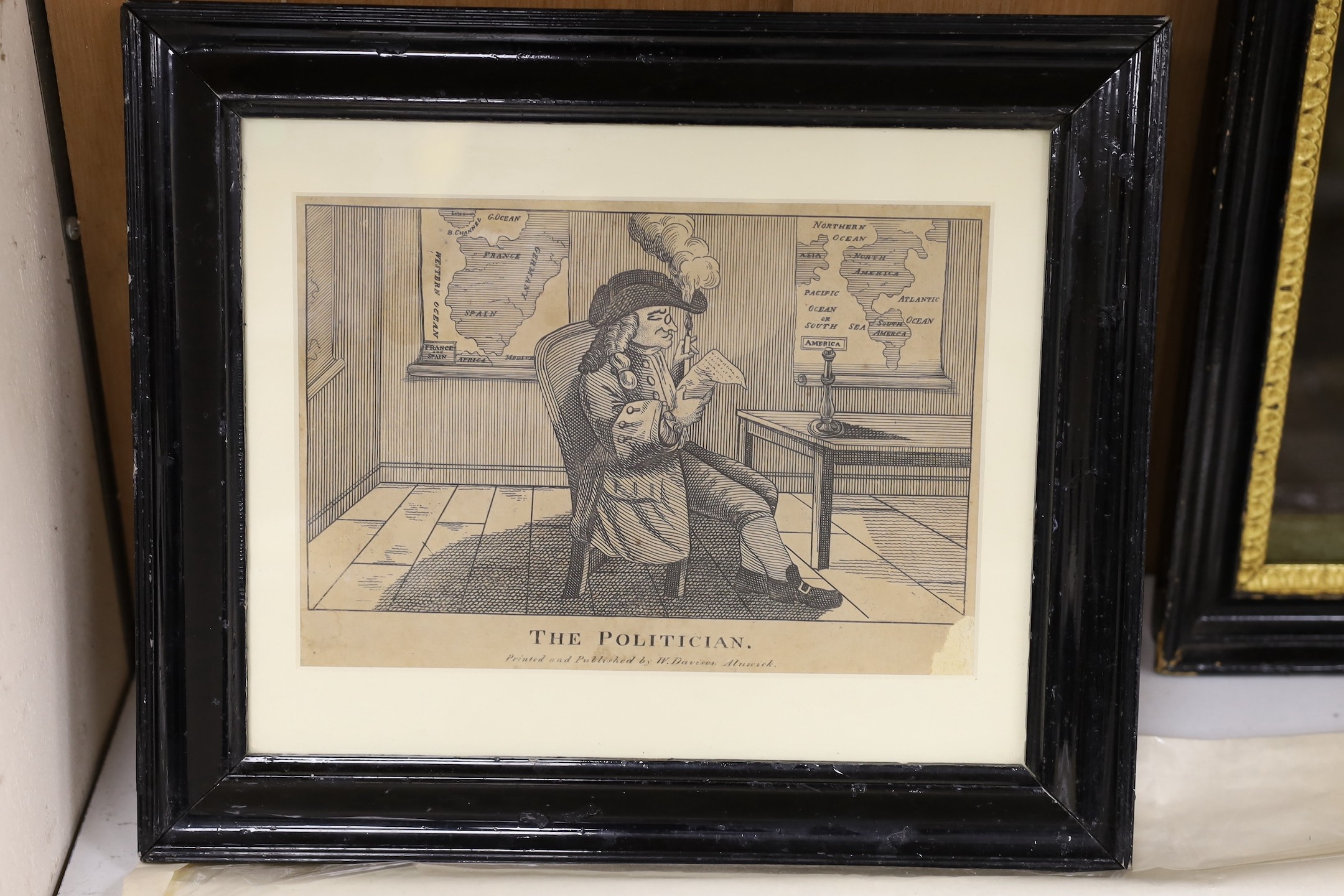 A group of assorted 18th and 19th century engravings, mostly unframed, together with a reverse print on glass of Mrs Frederick, 25 x 20cm